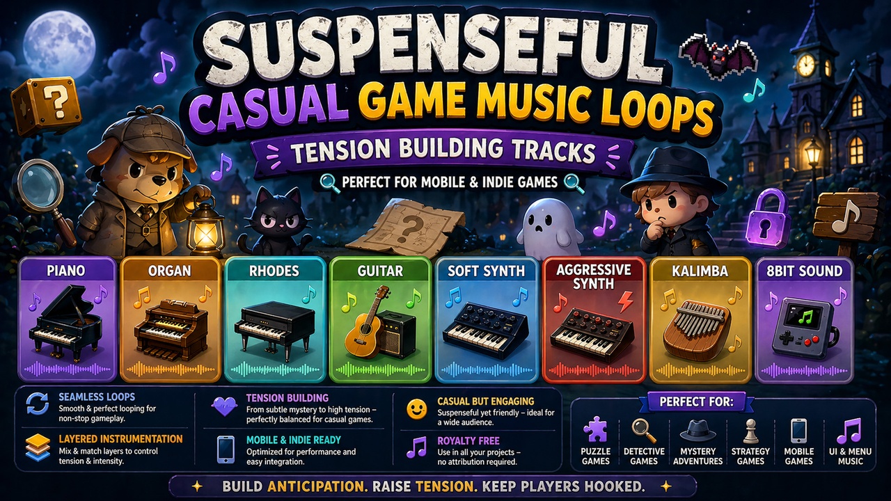 Media 1 for listing Suspenseful Casual Game Music Loops – Tension Building Tracks