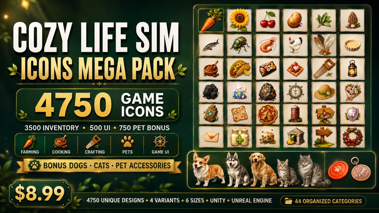 Media 1 for listing 4750 Cozy Life Sim Icons | Farming, Cooking, Crafting, Pets & Game UI