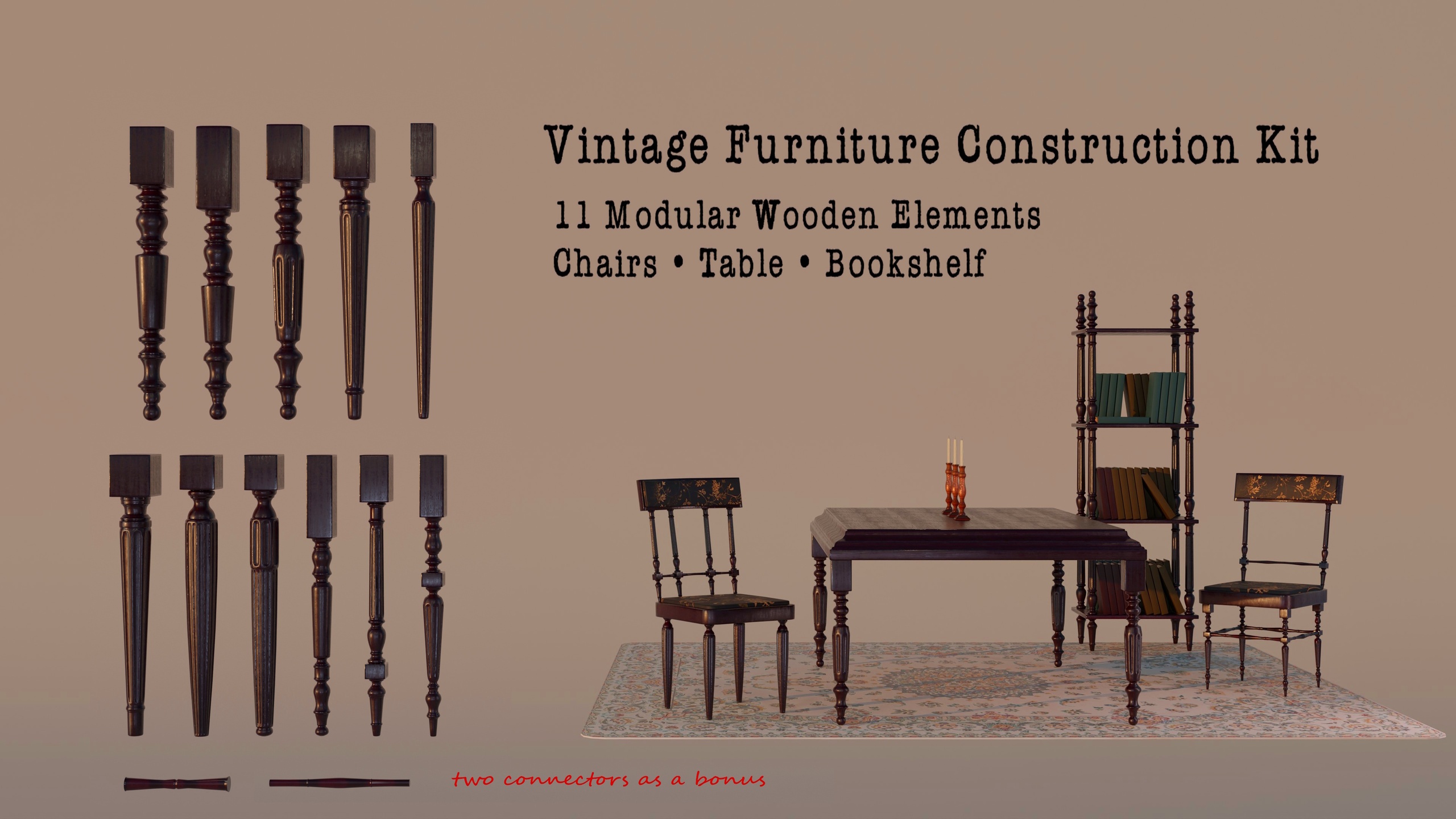 Media 1 for listing Vintage Furniture Kit 11 Table Legs plus Table Chair and Bookshelf