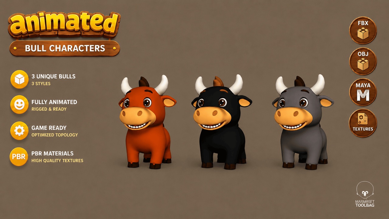 Media 1 for listing Animated Brown Cute Farm Bull Stylized Game Ready Low-poly 3D model