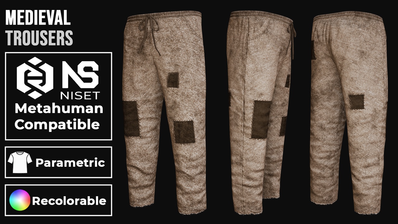 Media 1 for listing Medieval Patched Pants - Recolorable Parametric Trousers for Metahuman UE5 MHPKG