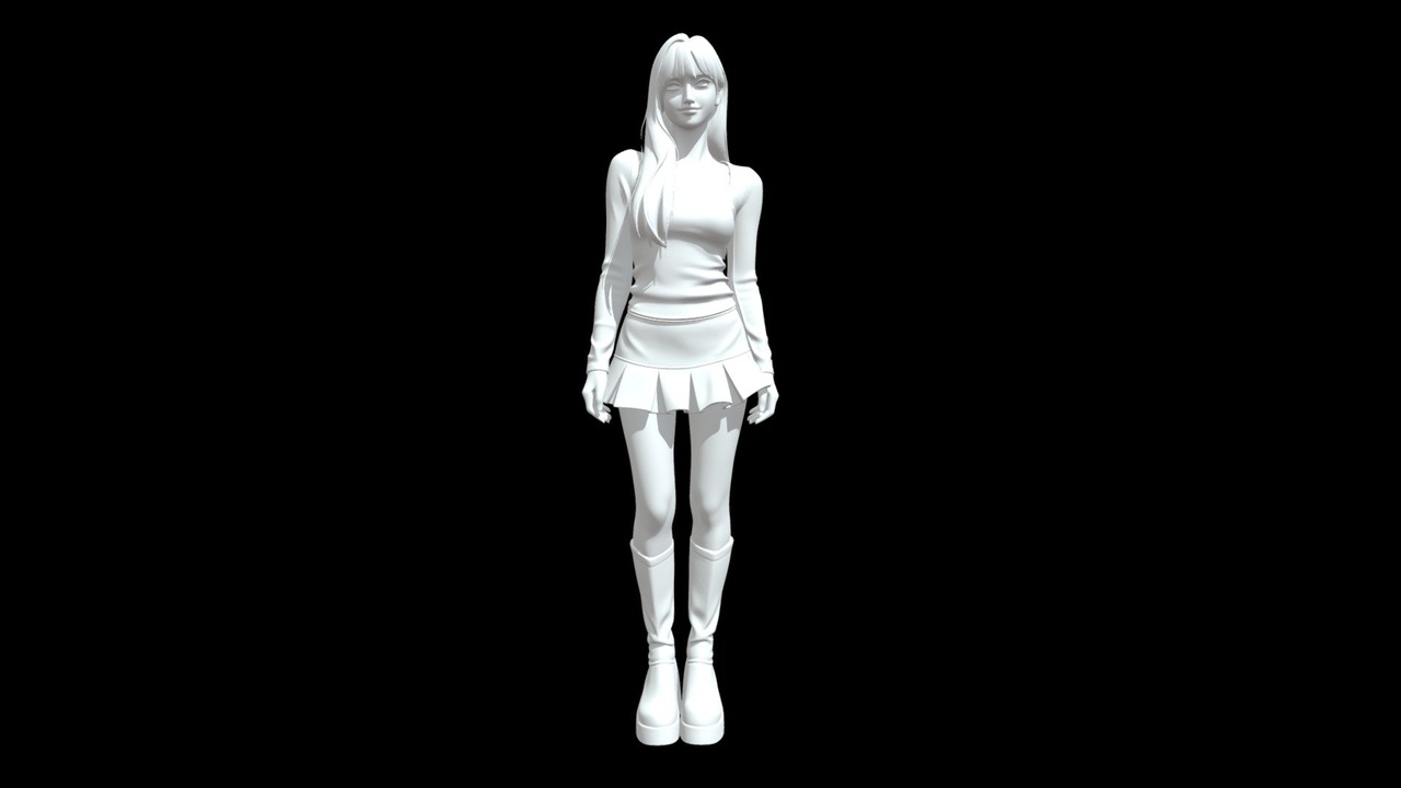 Media 1 for listing Blender卡通风格长发女生完整人物3D模型 百褶裙套装带长筒靴