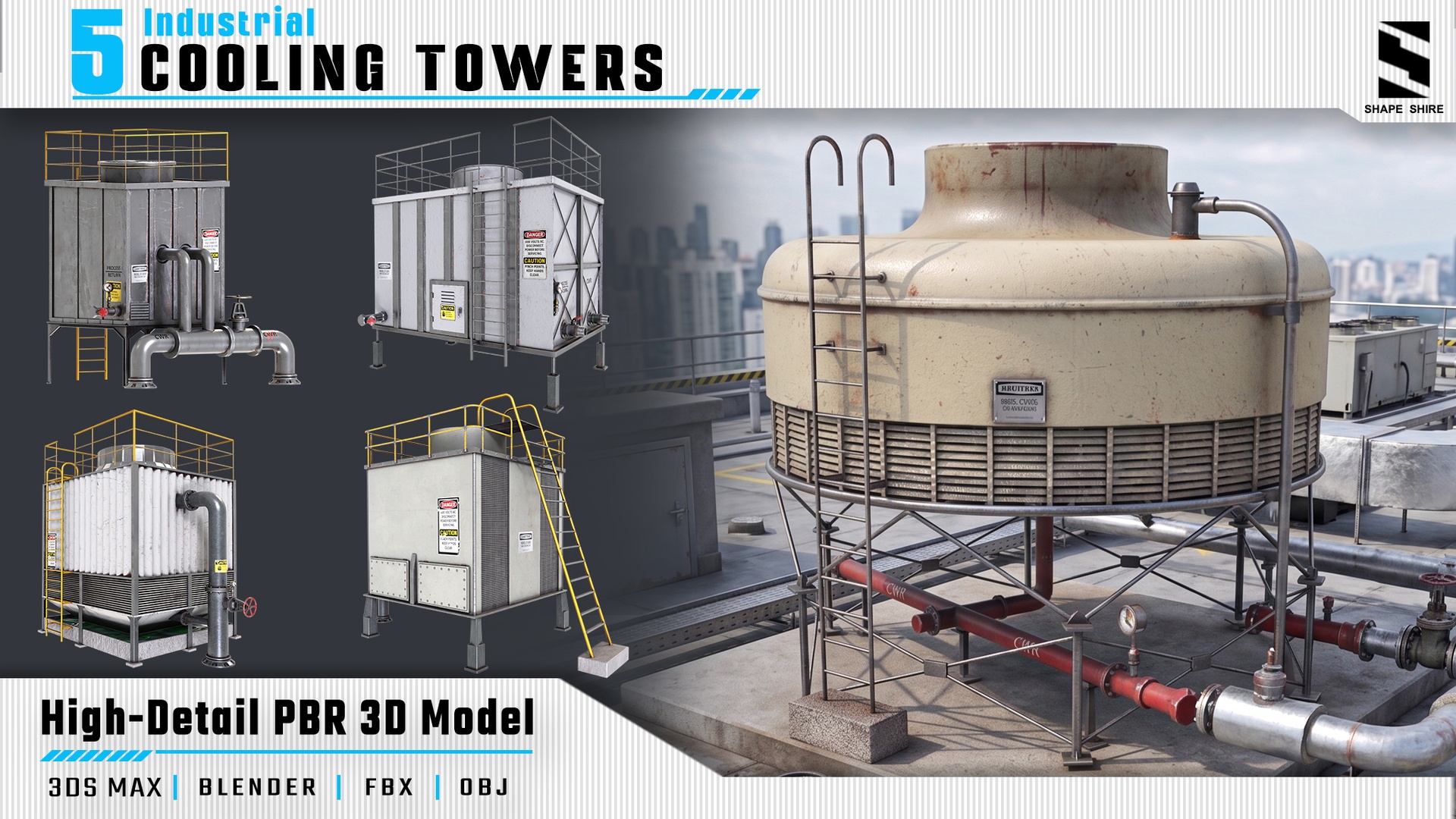 Media 1 for listing Cooling Towers Bundle | 5 Rooftop HVAC 3D Models