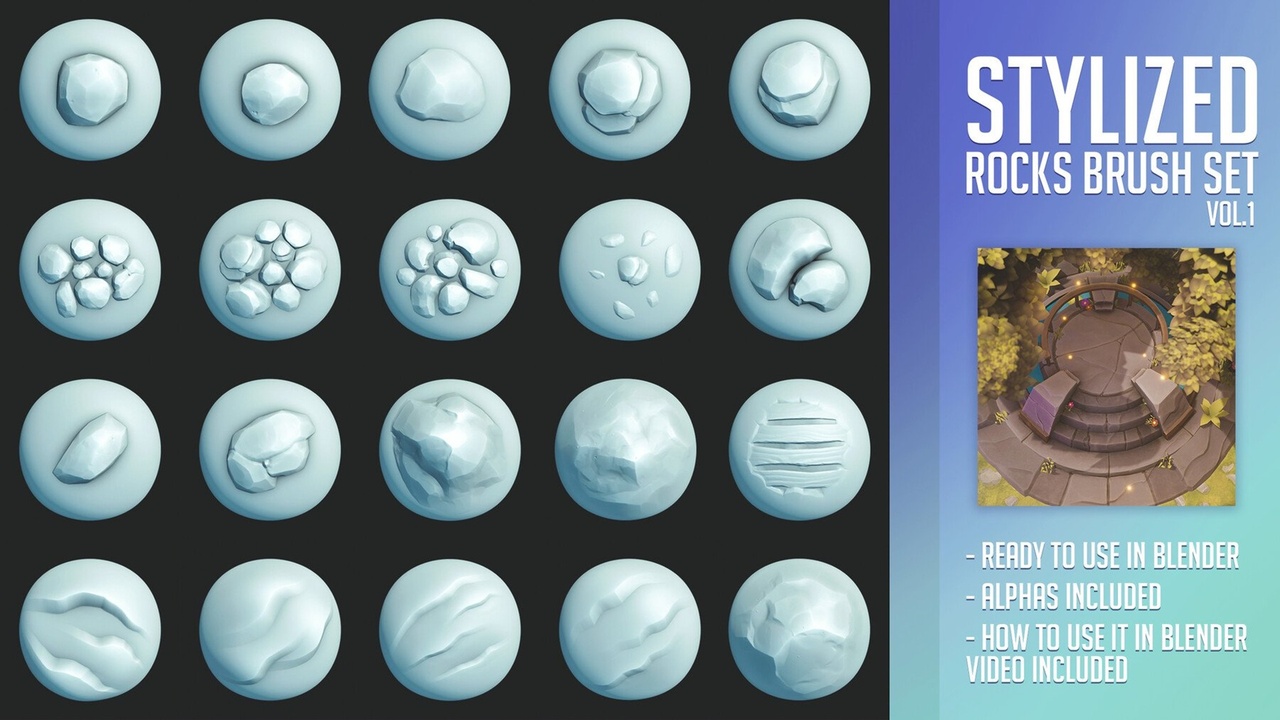 Media 1 for listing Stylized Rocks Brush Set - Vol 1 | Ready for Blender + Alphas
