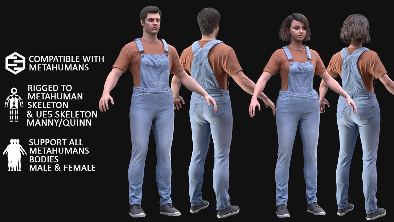 Media 1 for listing Overall Outfit 6 - Male/Female MH & UE5 Skeletons - Rigged