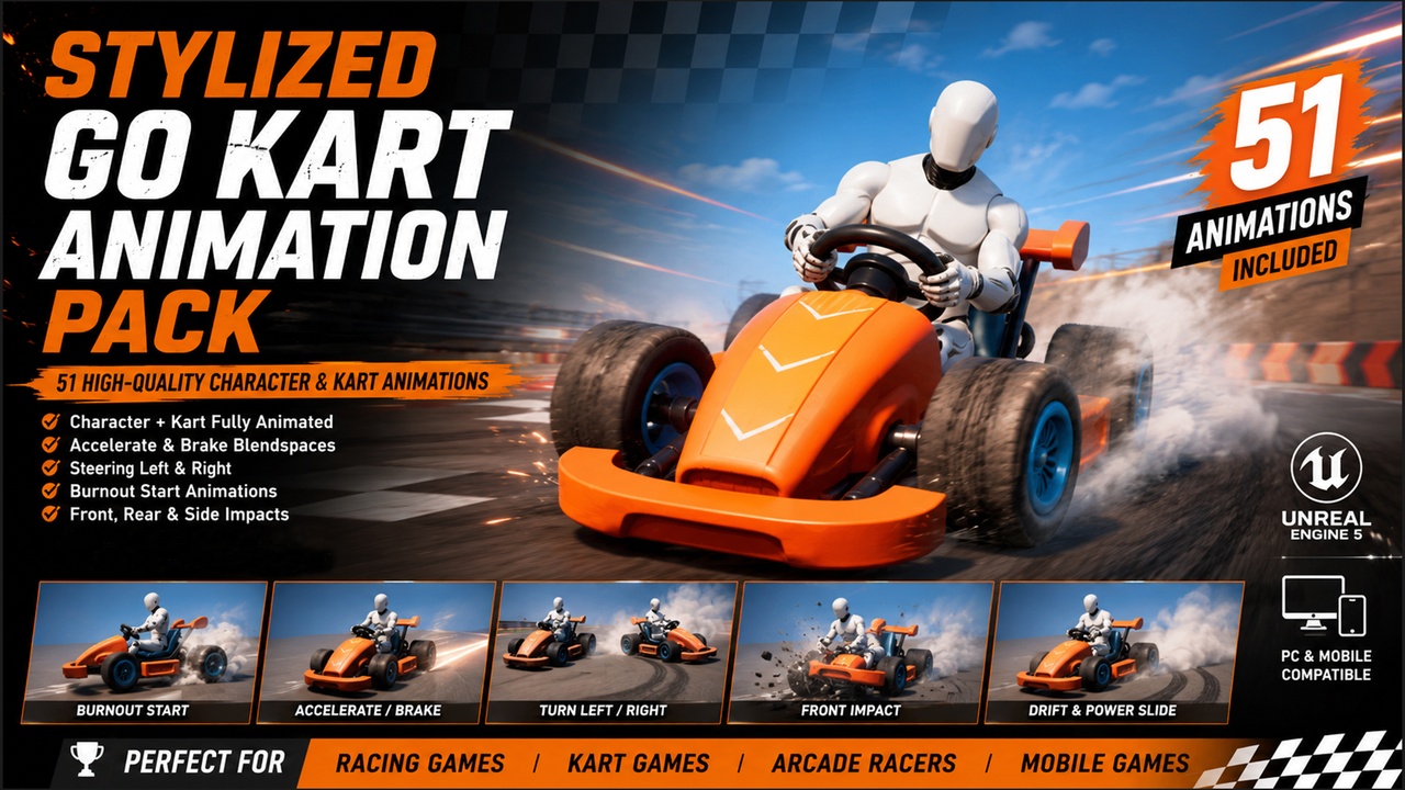 Media 1 for listing Stylized Go Kart Animation Pack – 51 Character & Vehicle Animations