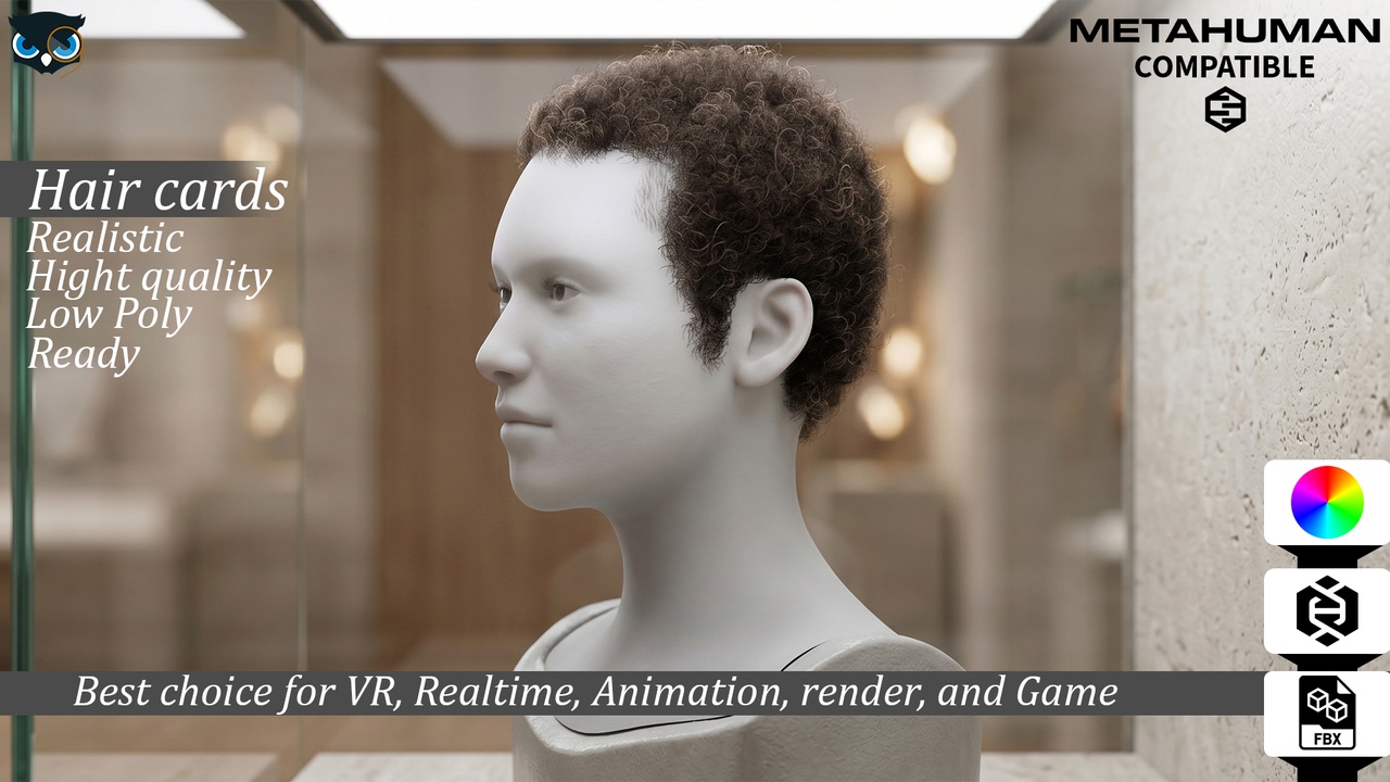 Media 1 for listing Short Curly Afro Hair Cards for MetaHuman Compatible Real-Time
