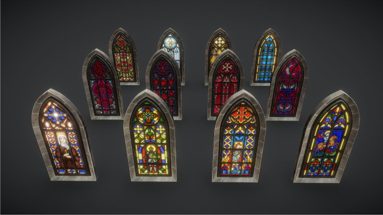 Media 1 for listing Gothic Stained Glass Windows Pack – Medieval, Vampiric & Art Nouveau | Low Poly