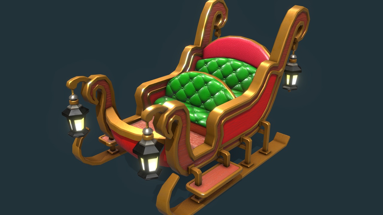 Media 1 for listing Christmas Santa Sleigh – Stylized PBR Lowpoly 3D Model (Game Ready)