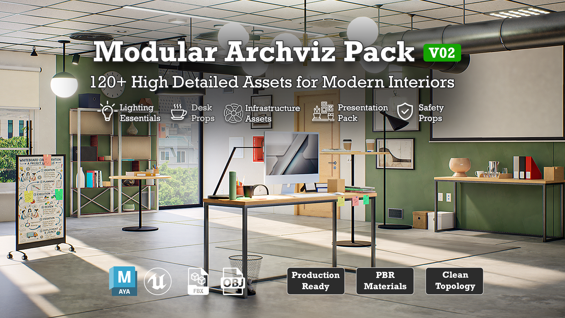 Modern Office Modular Archviz Pack v02 | 120+ High-Quality Props | Fab