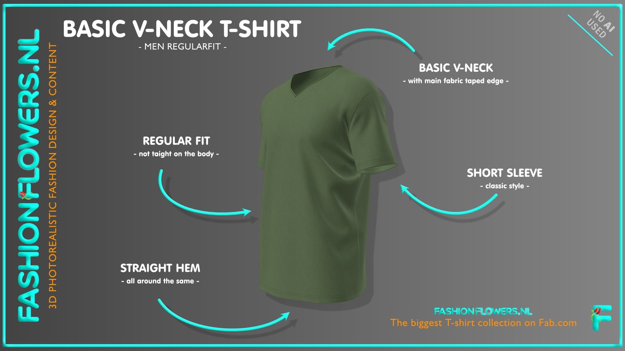 Media 1 for listing Green Colour Classic V-Neck T-Shirt | Short Sleeve Tshirt | Straight Hem