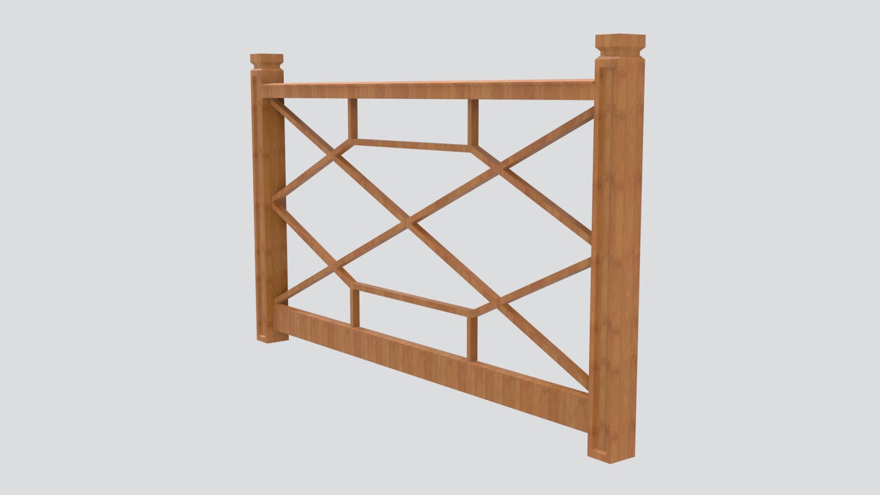 Media 1 for listing Golden Teak Wood Railing with Cross Braces and Barrel Post Caps 3D Model