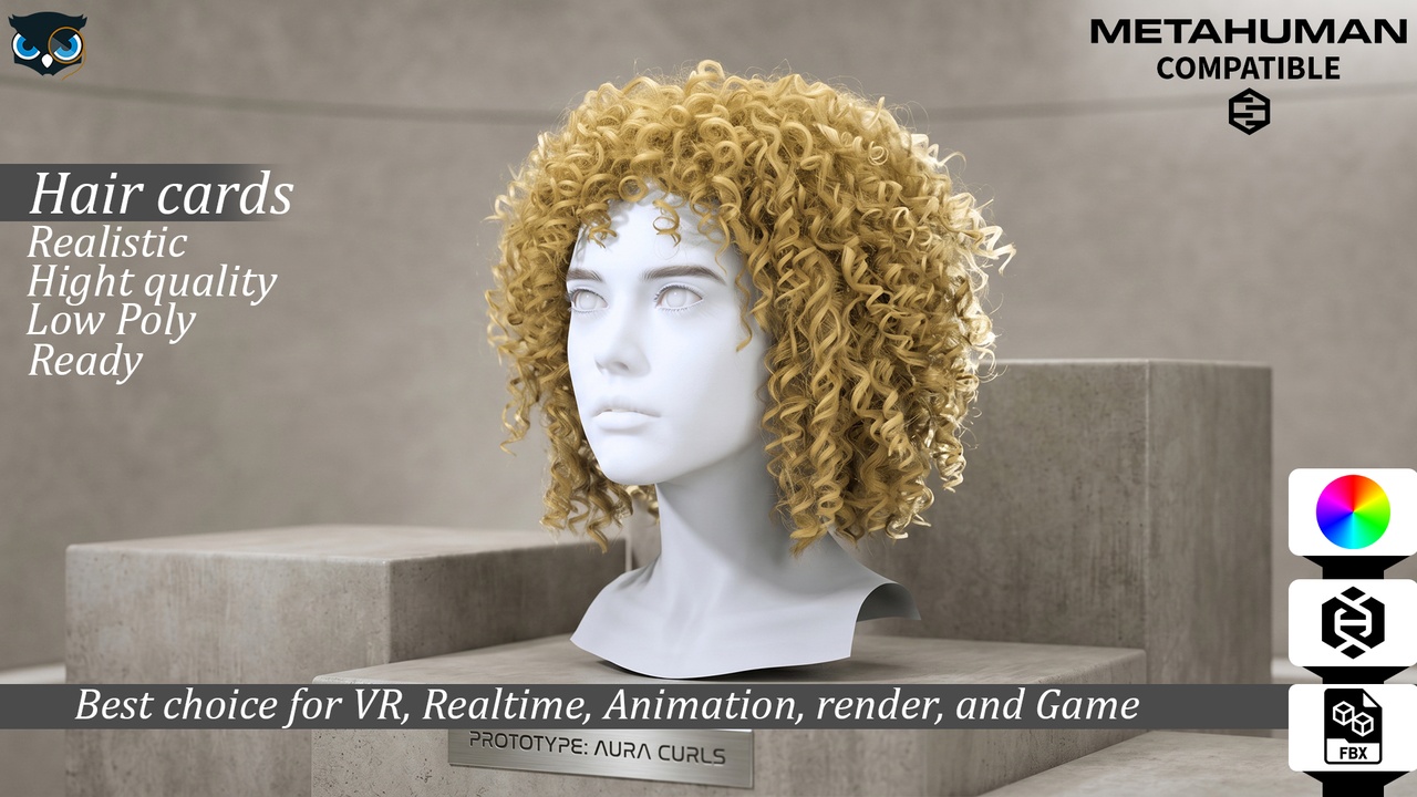 Media 1 for listing Aura Curls - Realistic Low Poly MetaHuman Compatible Hair Cards