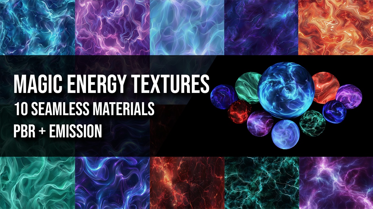 Media 1 for listing Magic Energy Textures Pack – 10 Seamless PBR Materials (2048, Emission)