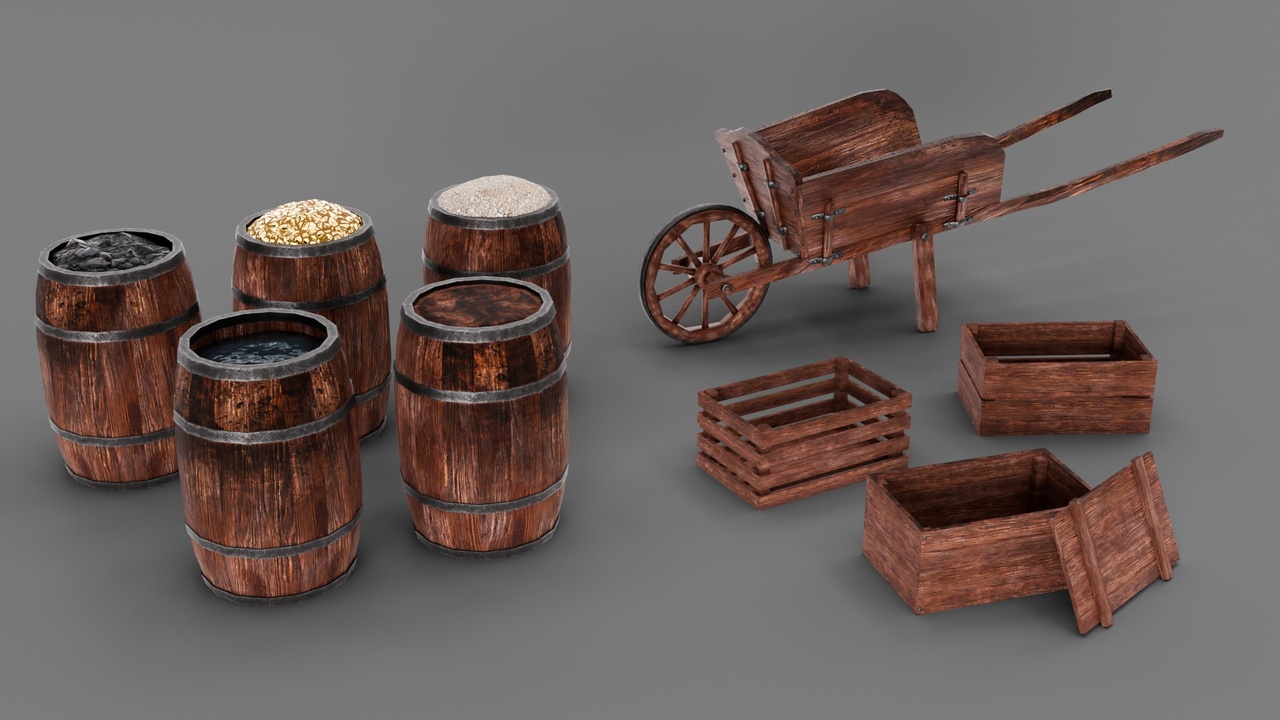 Media 1 for listing Stylized Wooden Barrels and Wheelbarrow Pack