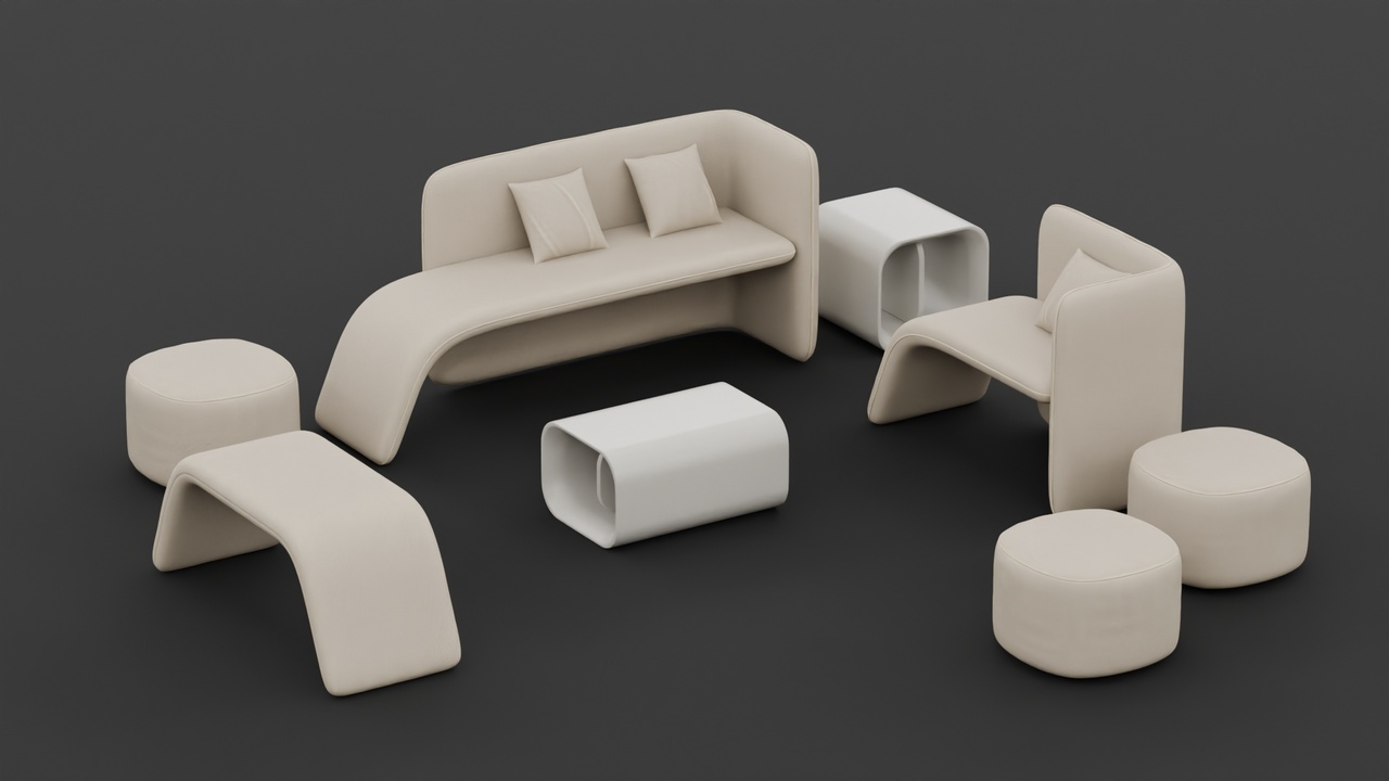 Media 1 for listing Futuristic Cantilevered Cream Sofa Set Furniture with Hollow Storage Tables