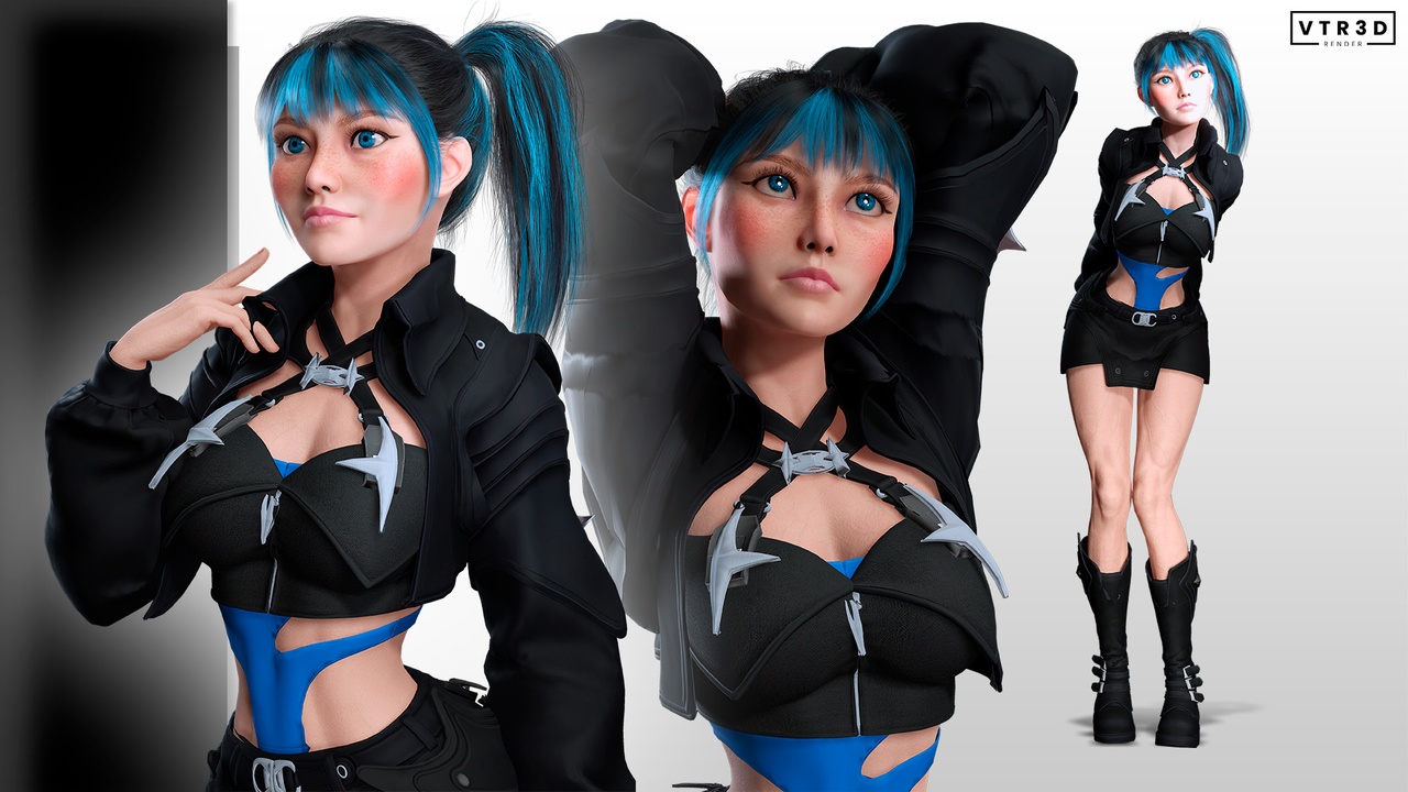 Media 1 for listing Stylized Cyberpunk Female Character Blue Hair Girl Rigged
