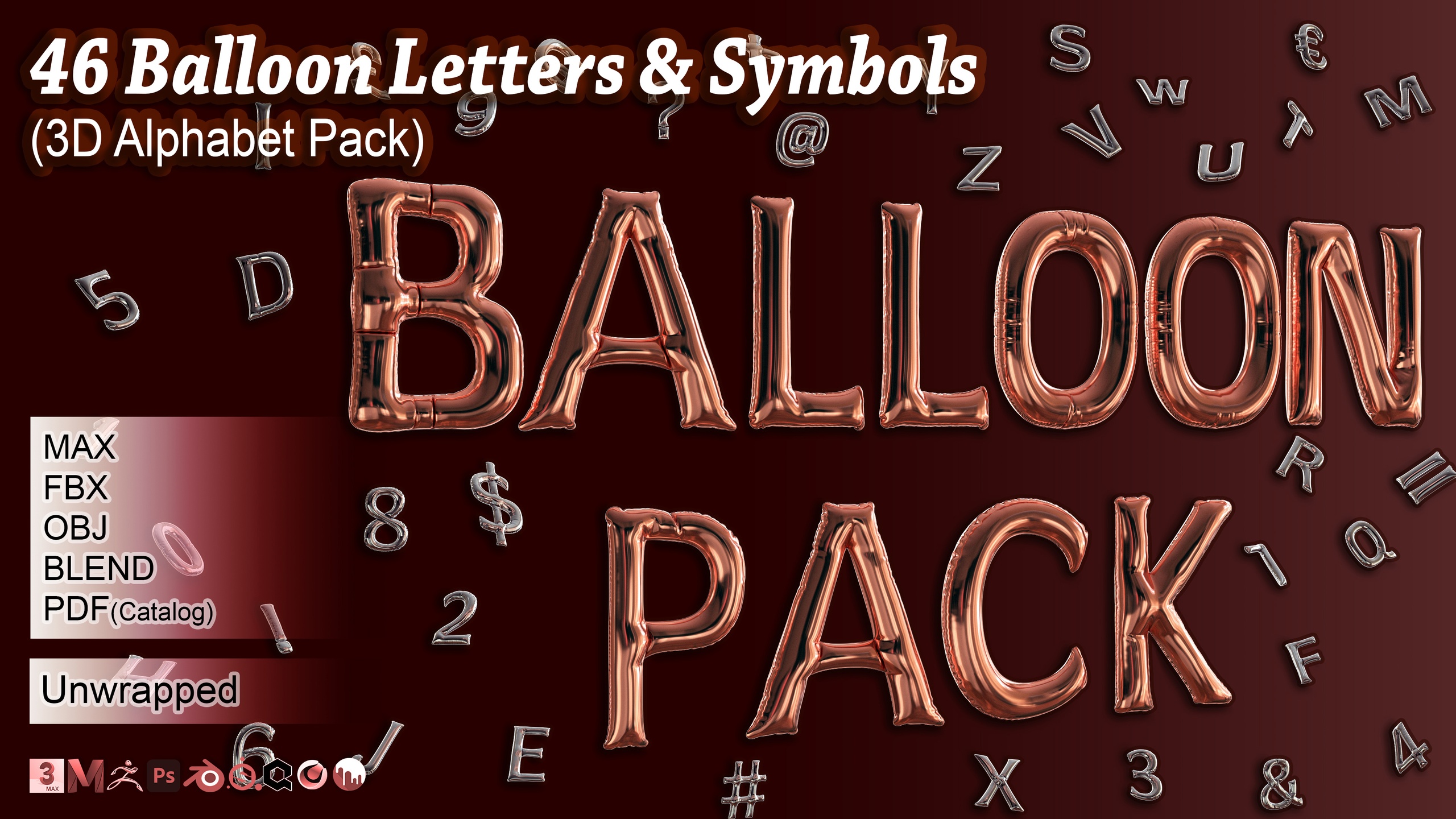Media 1 for listing 46 Balloon letters & Symbols (3D Alphabet Pack)