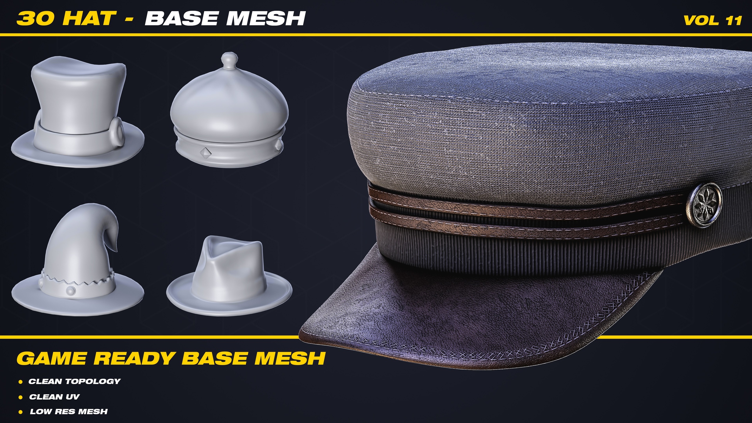 Media 1 for listing 30 Hat Base Mesh - VOL 11 ( Game Ready )