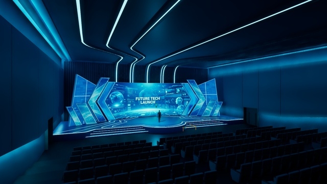 未来科技发布舞台 – 虚拟活动环境 – Futuristic Tech Launch Stage – Virtual Event Environment