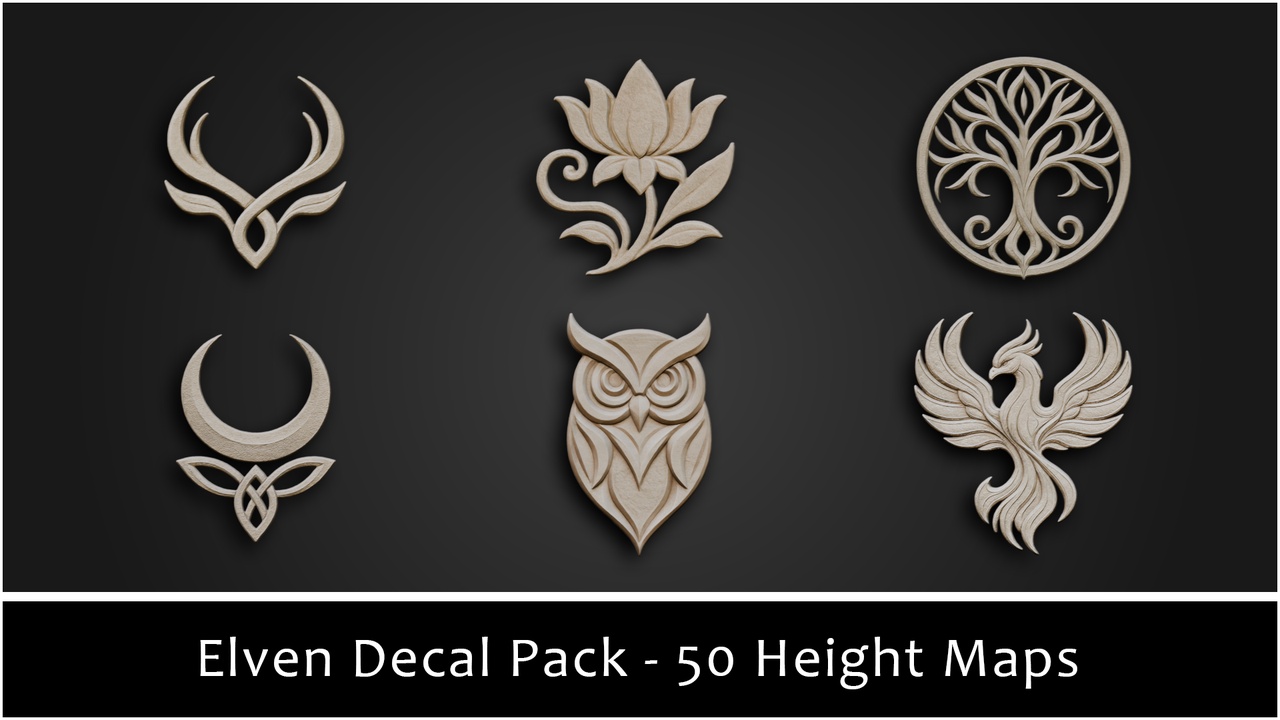 Media 1 for listing 3DT Elven Ornamental Decal & Stamp Pack — 50 Height Stamps for Blender, Substanc
