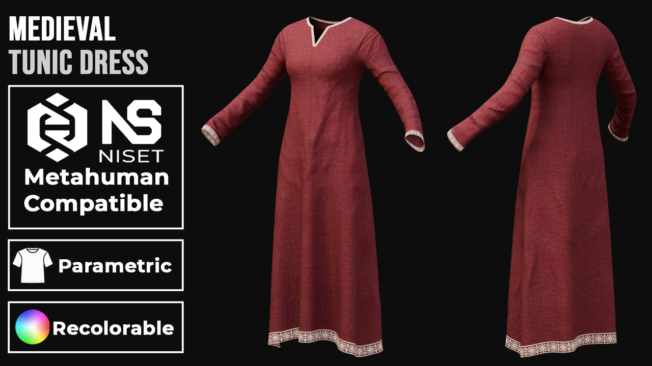 Media 1 for listing Medieval Tunic Dress 01 - Recolorable Parametric Tunic for Metahuman UE5 MHPKG