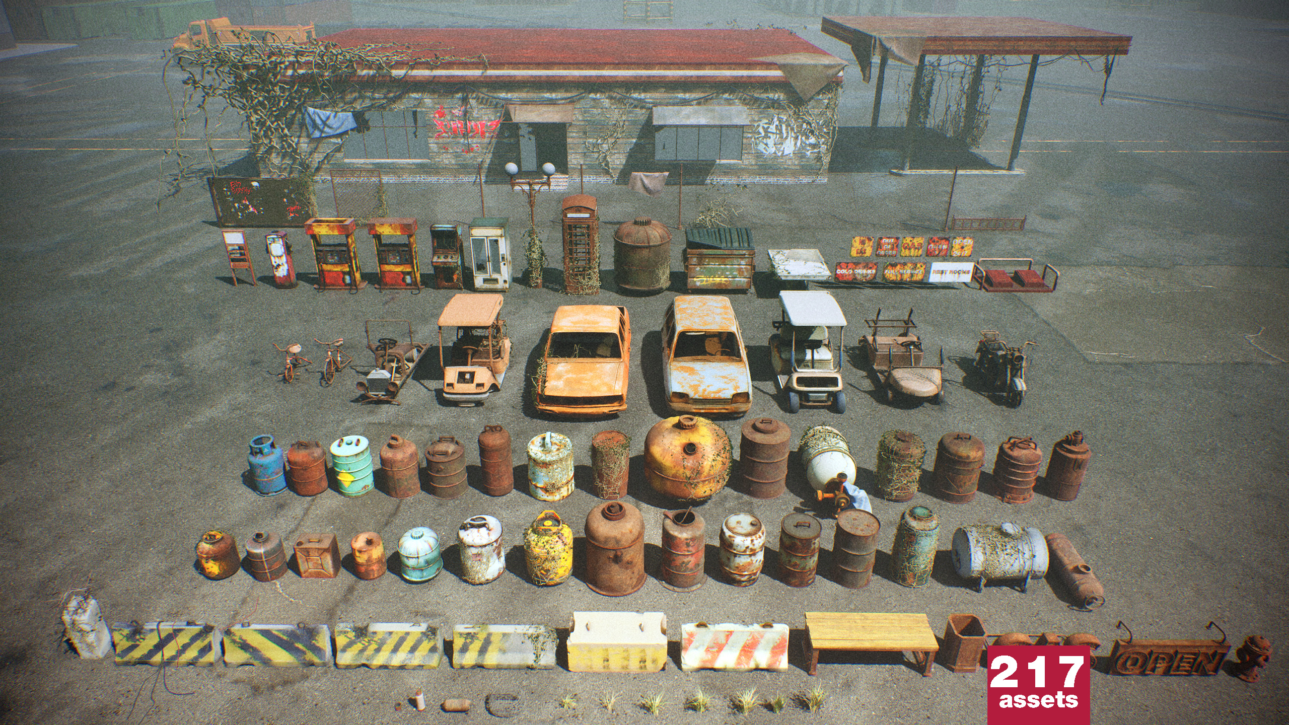 Post-Apocalyptic Junkyard Rusty Gas Station Props Pack (217 3d assets ...