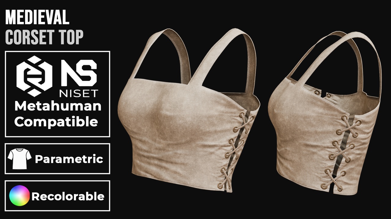 Media 1 for listing Medieval Corset Top - Recolorable Parametric Female Top for Metahuman UE5 MHPKG