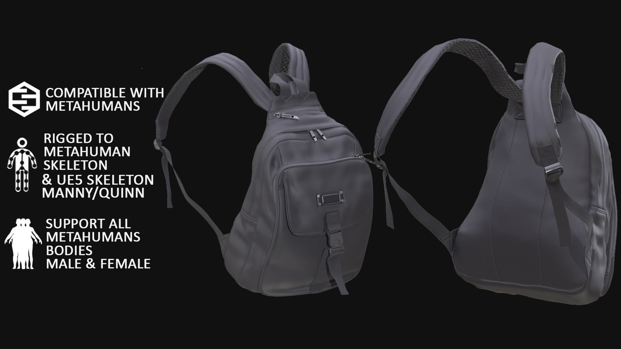 Media 1 for listing 3D Backpack Model For Metahuman 152 - All MH Bodies & UE5 Skeletons - Rigged