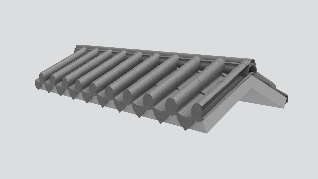 Media 1 for listing Chinese Tile Roof Section with Eave, Traditional Grey Drip-Tile Detail