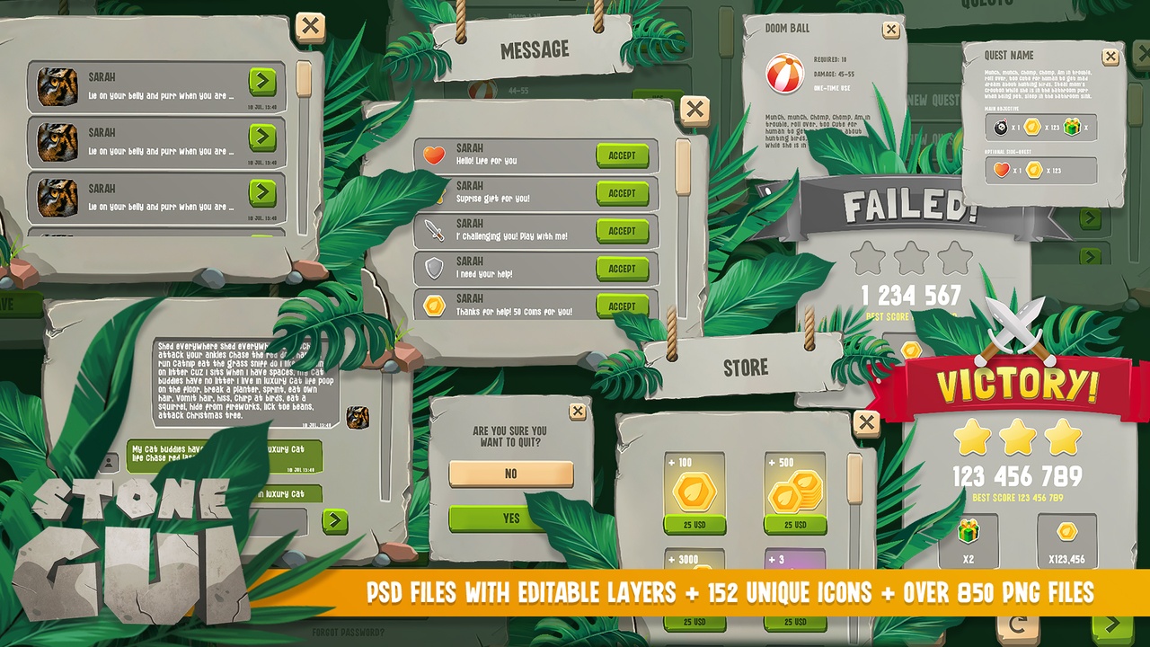 Media 1 for listing Stone & Jungle GUI / UI Kit , 152 icons, for HD and 4K screens, PSD/AI sources