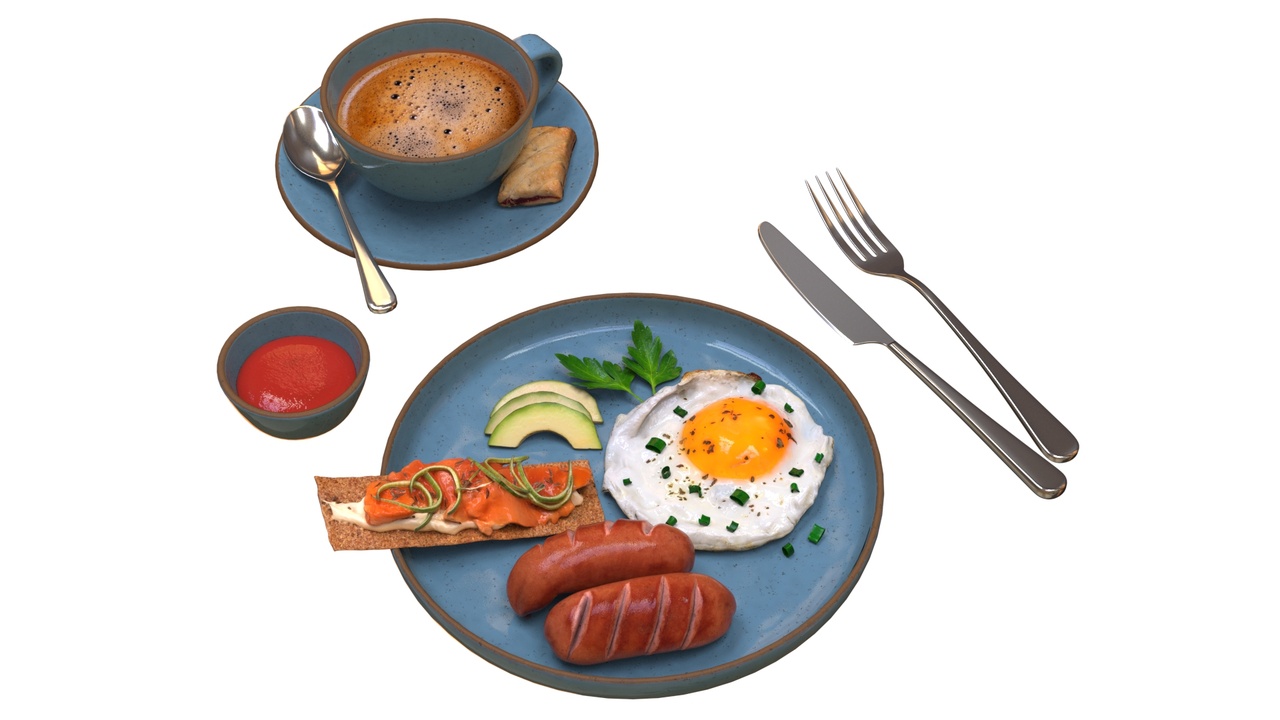 Media 1 for listing Breakfast with fried egg sausages and coffee 02