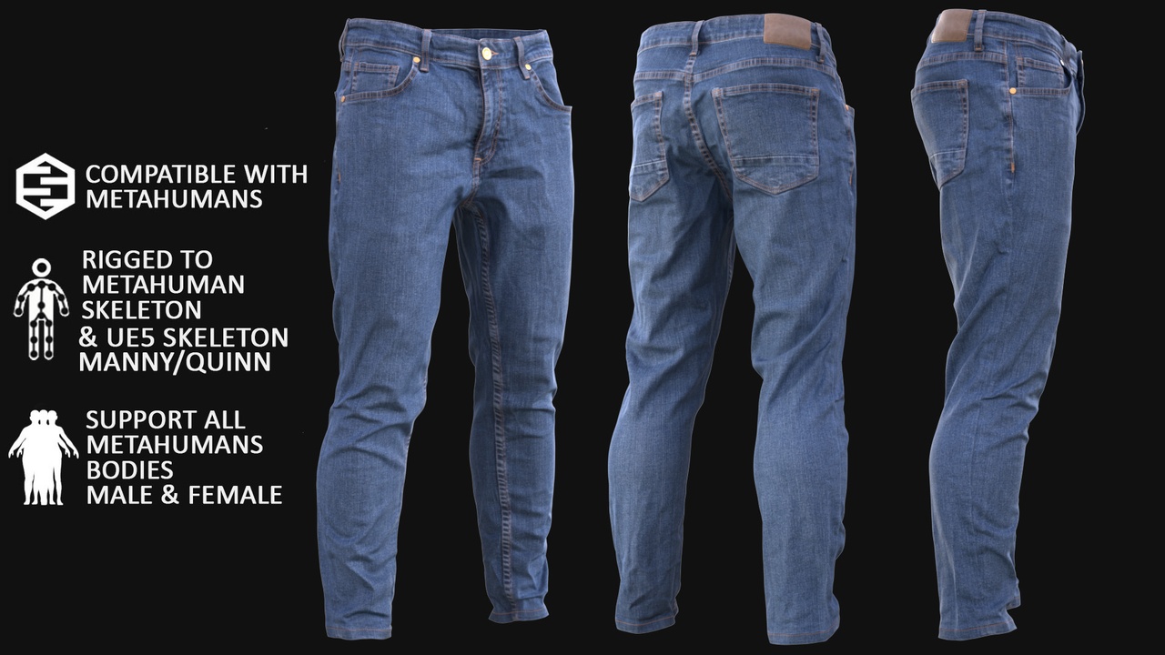 Media 1 for listing Jeans for Metahuman 3D model 73 - MH & UE5 Skeletons - Rigged