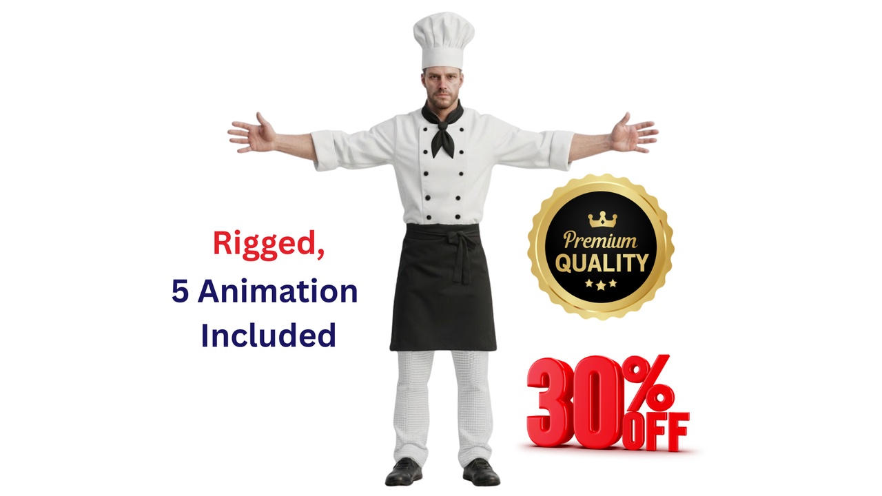Media 1 for listing Realistic Rigged Male Chef Cook Restaurant Character - 5 Animations PBR