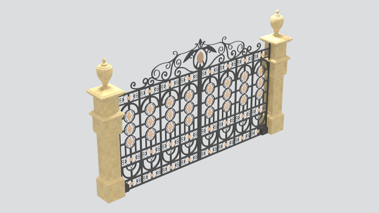 Media 1 for listing European Wrought Iron Driveway Gate with Stone Pillars 3D Model