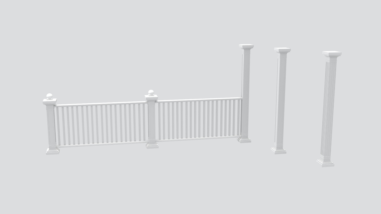 Media 1 for listing White PVC Picket Railing with Ball Finial Posts and Classical Columns 3D Model