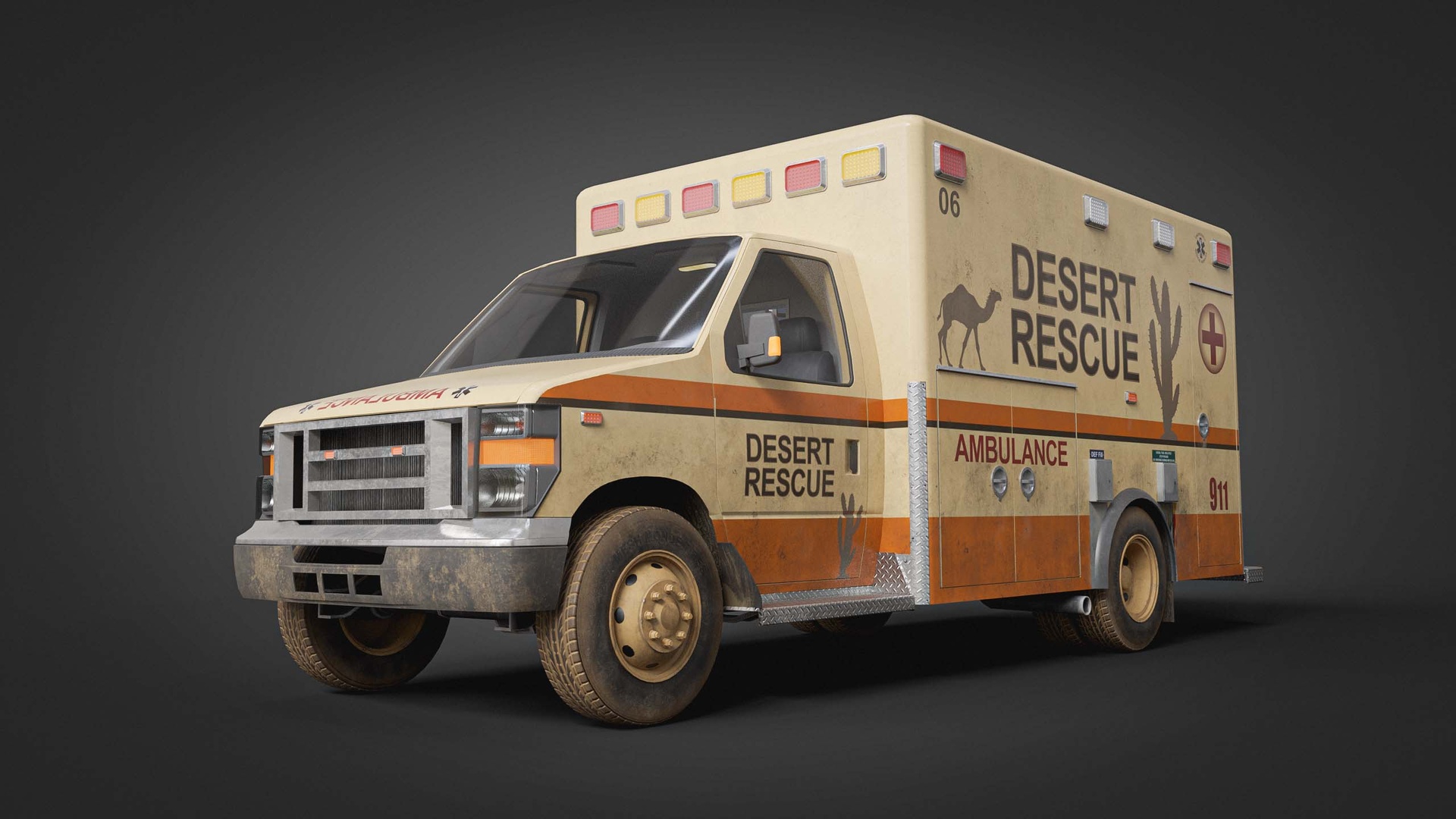 Media 1 for listing Desert Rescue Ambulance 3D Model Game-Ready Cinematic Vehicle Low-poly 3D model