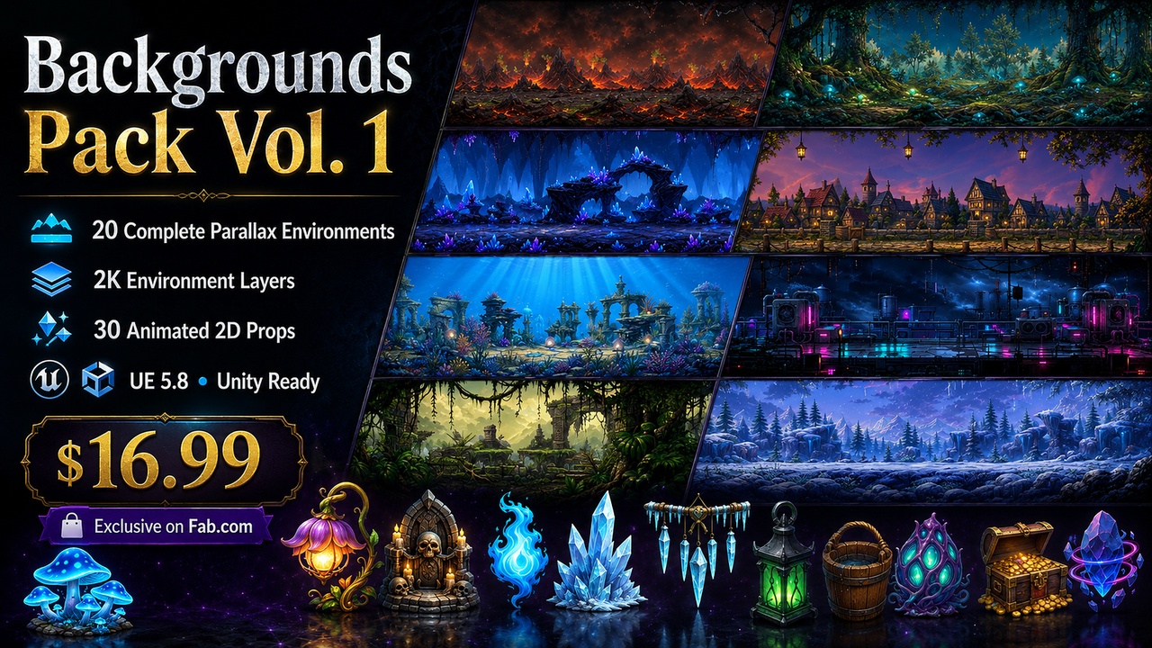 Media 1 for listing Parallax Game Backgrounds Pack Vol. 1 | Fantasy, Sci-Fi & Cozy Scenes