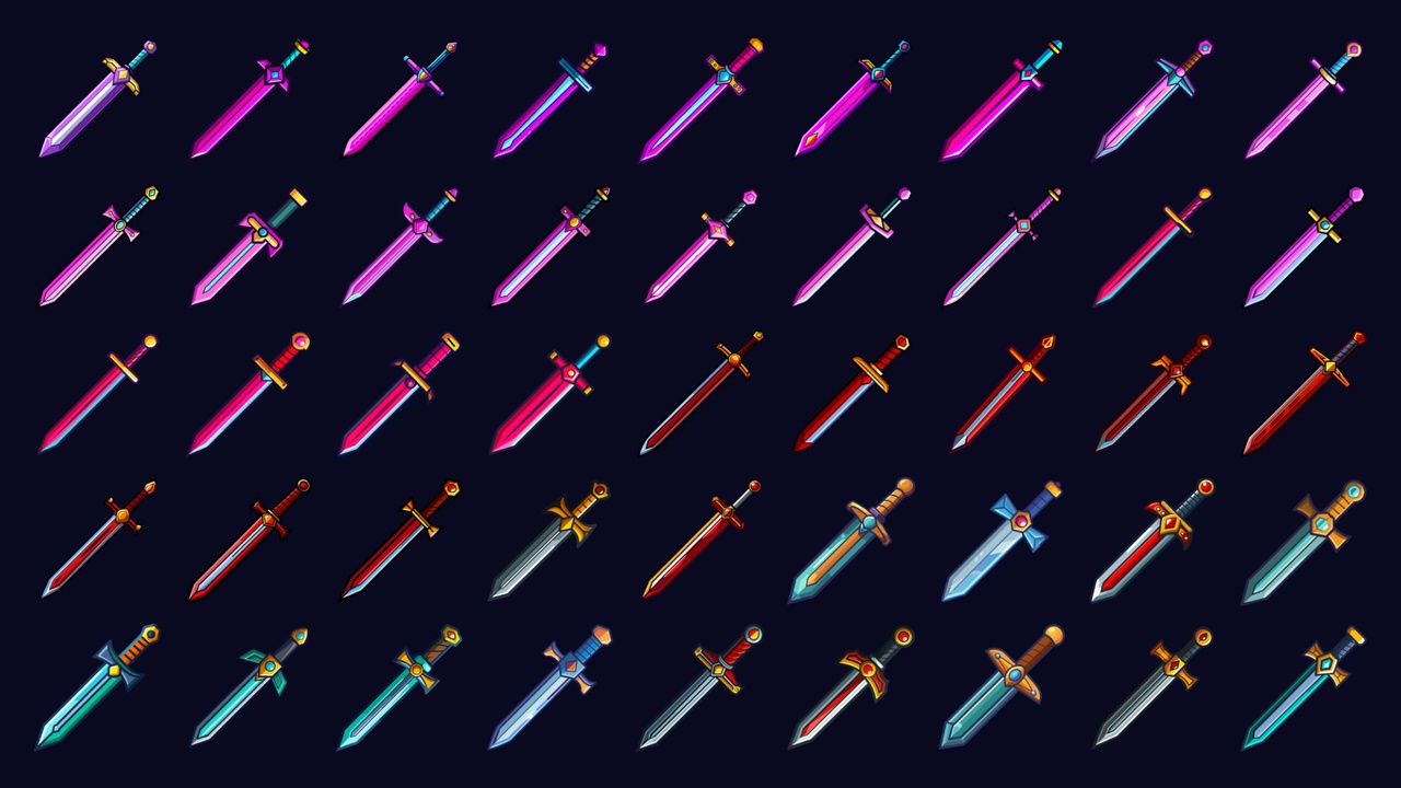 Media 1 for listing 187 Fantasy Sword Icons Pack - Flat Cartoon Style
