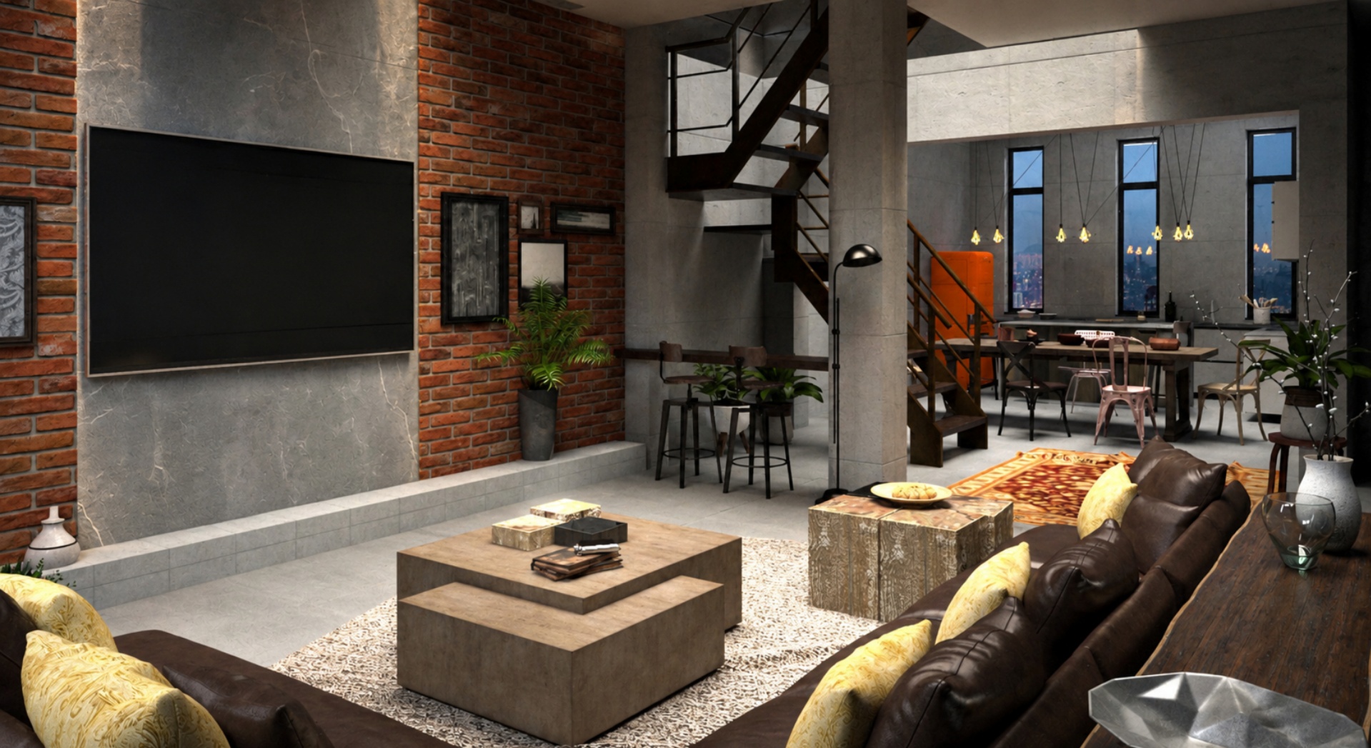 Media 1 for listing Industrial Loft Interior - Living Room & Kitchen Interior - PBR Mid-PolyInterior