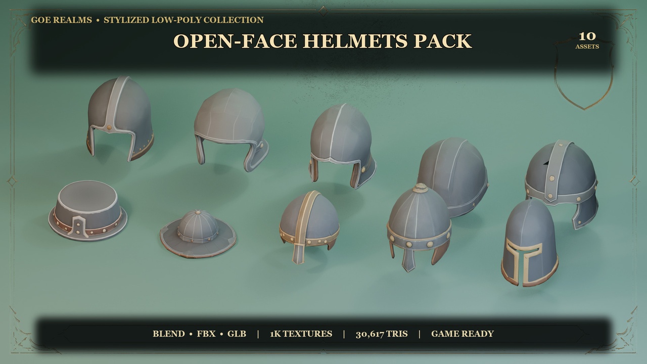 Media 1 for listing Stylized Open-Face Helmets Pack – 10 Hand-Painted Props