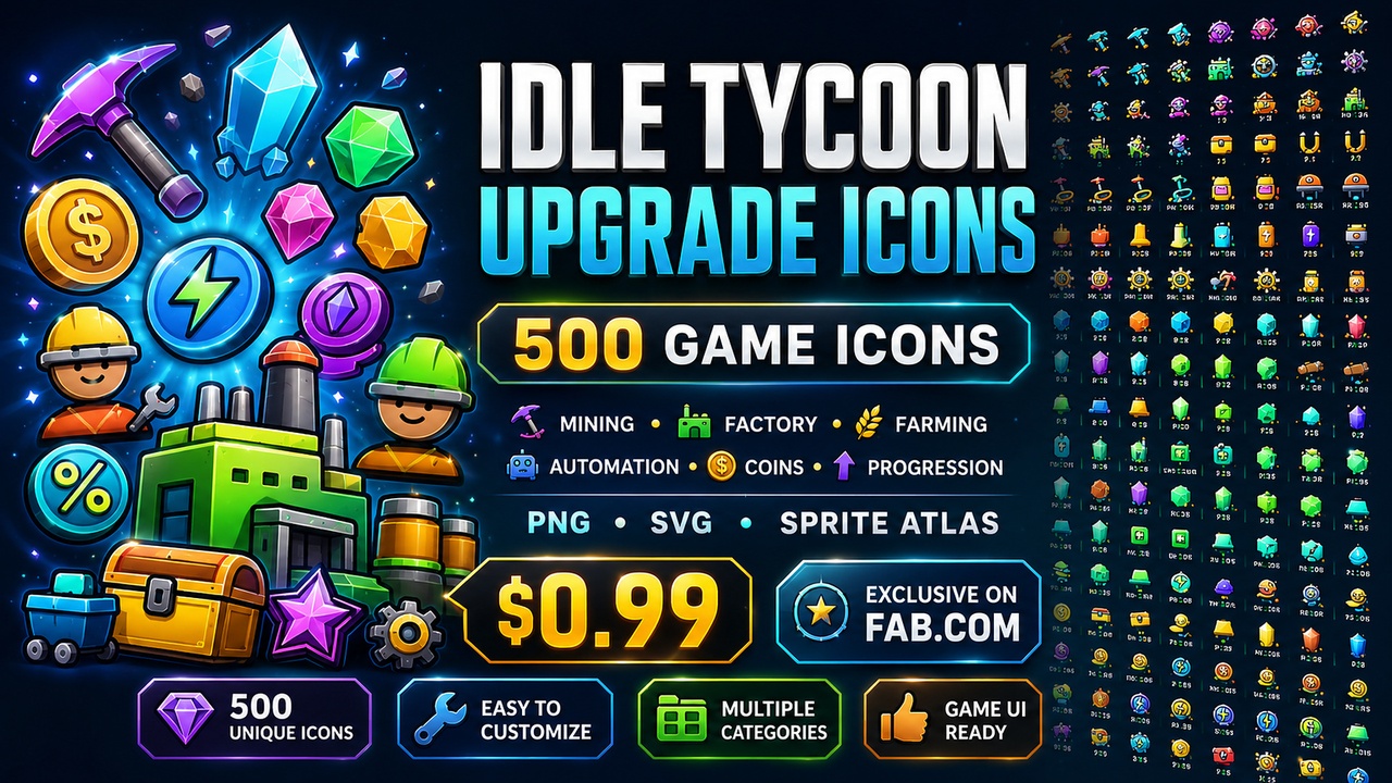 Media 1 for listing Tycoon Icons | 500 Game UI Icons | PNG + SVG + Sprite Atlas