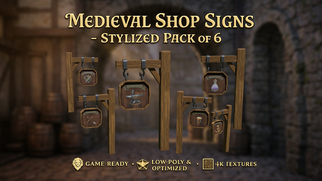 Media 1 for listing Medieval Shop Signs - Stylized Fantasy Pack (6 Models)