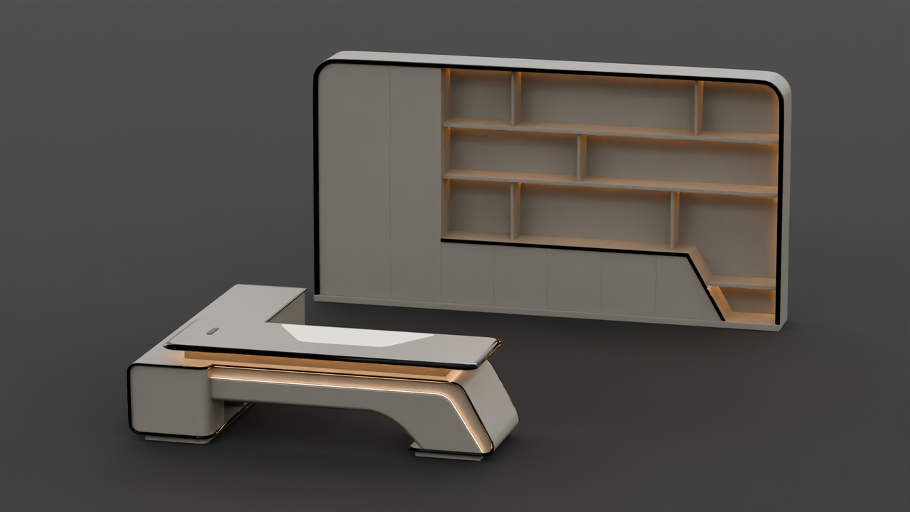 Media 1 for listing Futuristic L-Shaped Executive Office Desk/Table & Backsplash Wall Storage Suite