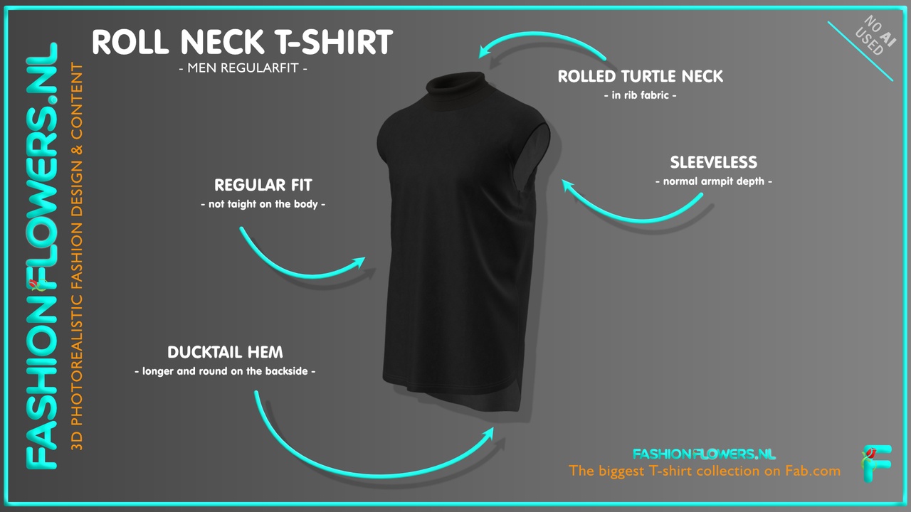 Media 1 for listing Black Colour Ducktail Roll Neck T-shirt Without Sleeves | Turtleneck Tshirt