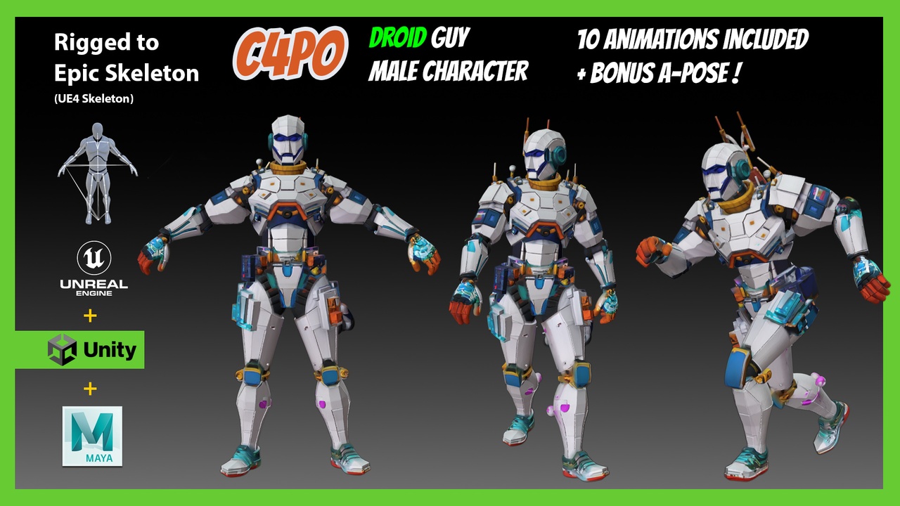 Media 1 for listing C4PO Droid Guy Male Character Robot – Rigged to UE Skeleton + Unity + Maya