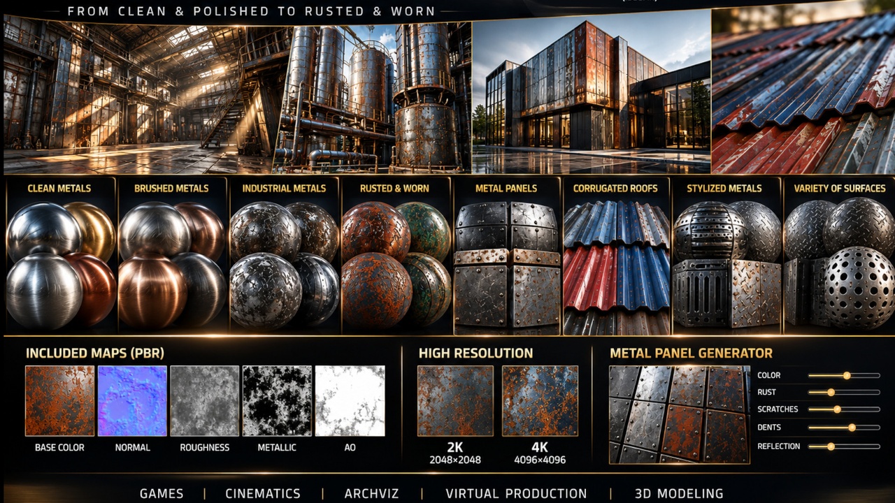 Media 1 for listing Ultimate Metal Materials Mega Bundle – 9 Packs | 135+ PBR Materials | 2K–4K
