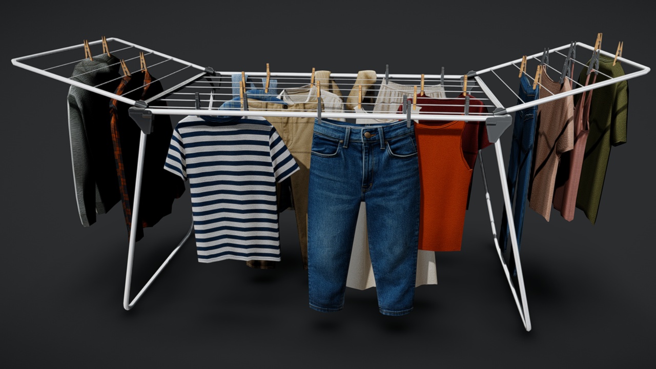 Media 1 for listing Realistic Clothes Drying Rack with Hanging Laundry