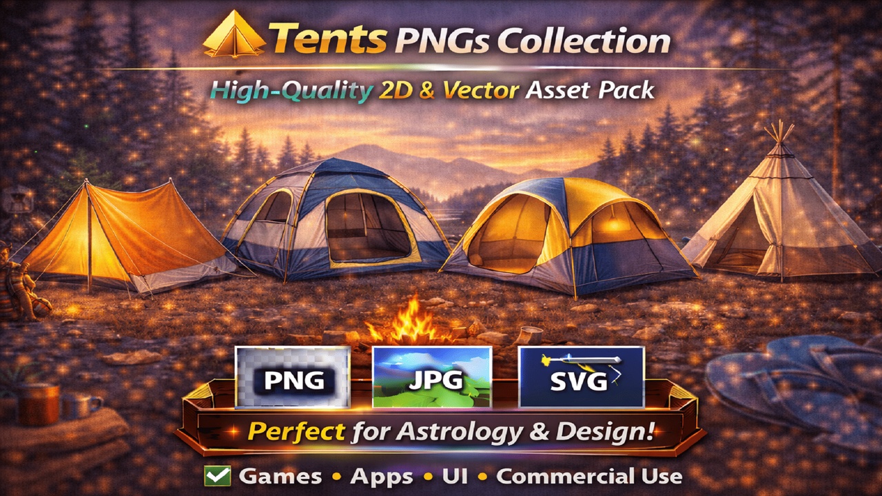 Media 1 for listing ⛺ Tents PNGs Collection – High-Quality 2D & Vector Asset Pack