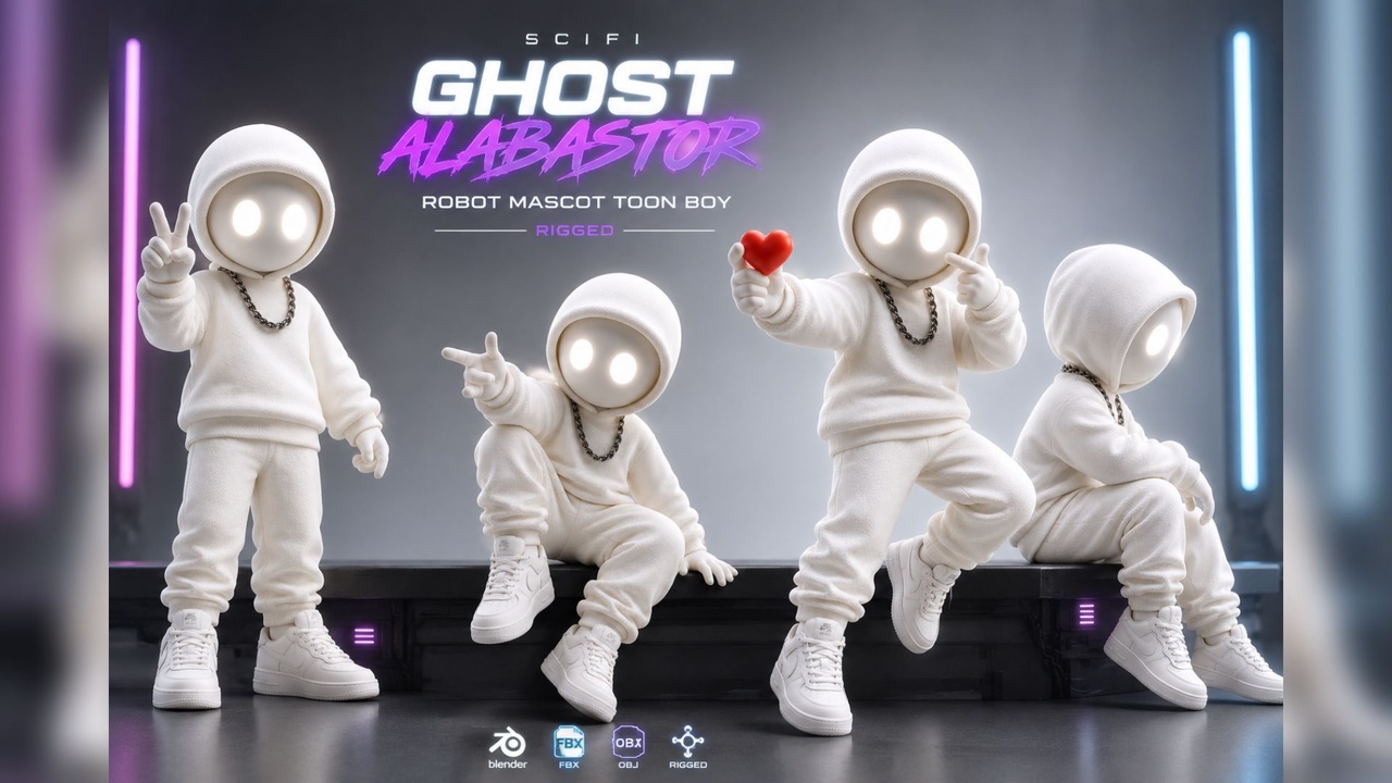 Media 1 for listing Scifi Ghost Alabastor Robot Mascot Toon Boy Rigged | Stylized 3D Character